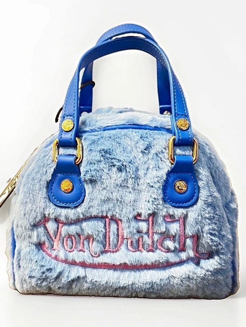 Von Dutch Baby Blue Furry Bowling Bag Faux Fur Satchel in Blue NWT